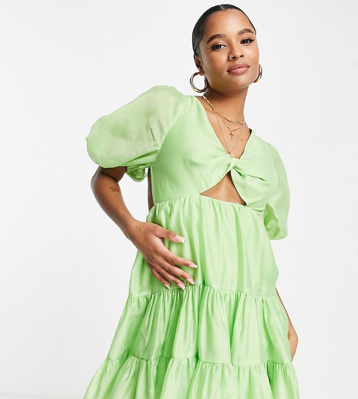 Asos Design Petite Tiered Voile Mini Dress With Twist Front Detail In Green