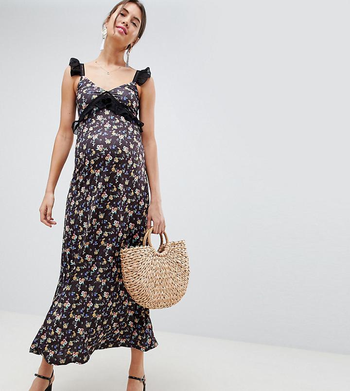 Asos Design Maternity Maxi Dress In Ditsy Print With Ladder Trim - Multi