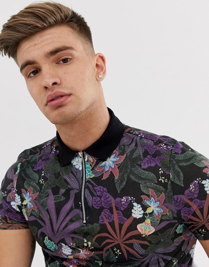 Asos Design Floral Polo With Contrast Collar And Zip Placket-black