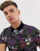 Asos Design Floral Polo With Contrast Collar And Zip Placket-black