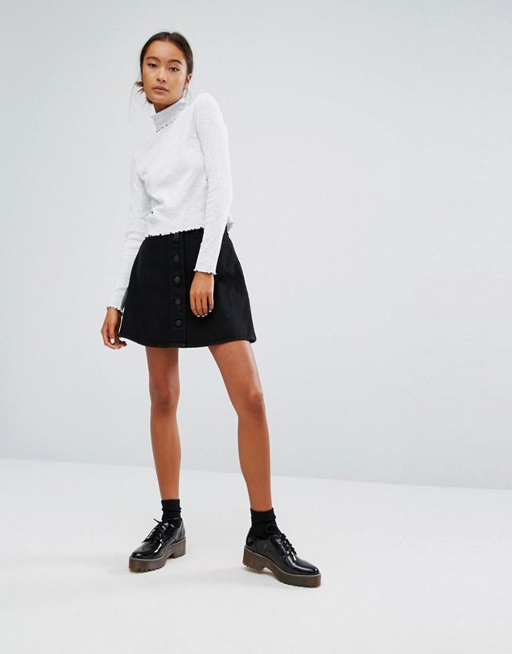 Monki Button Through A-line Denim Skirt - Black