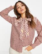 Neon Rose Bow Tie Collar Blouse In Mixed Gingham-multi