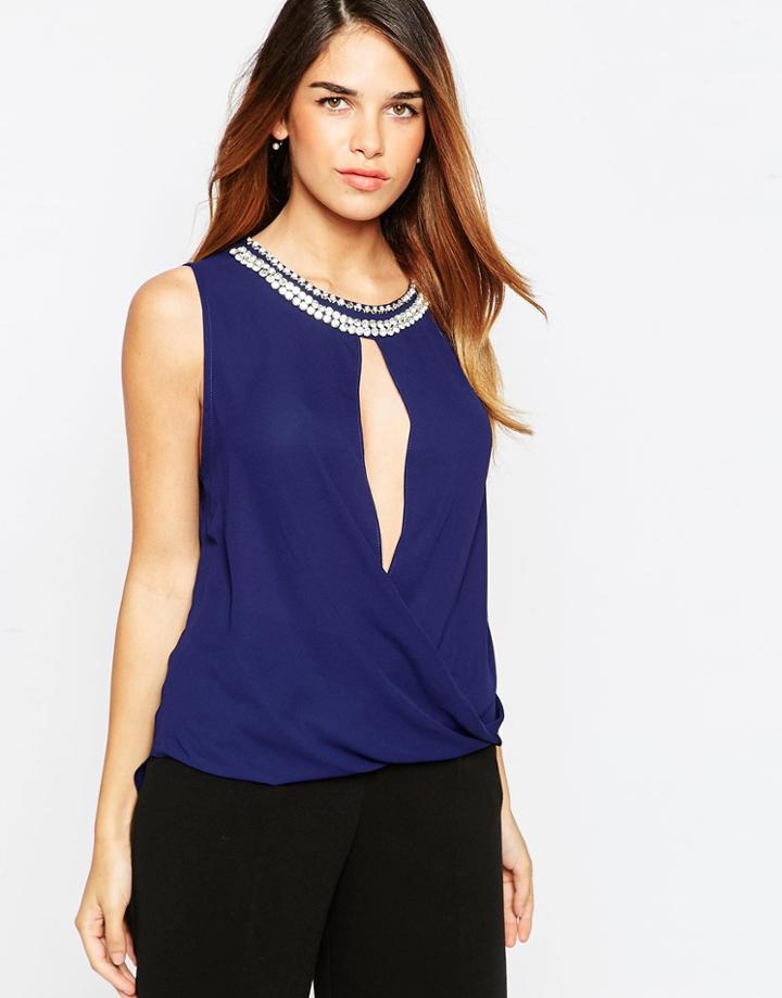 Tfnc Wrap Front Top With Necklace - Navy