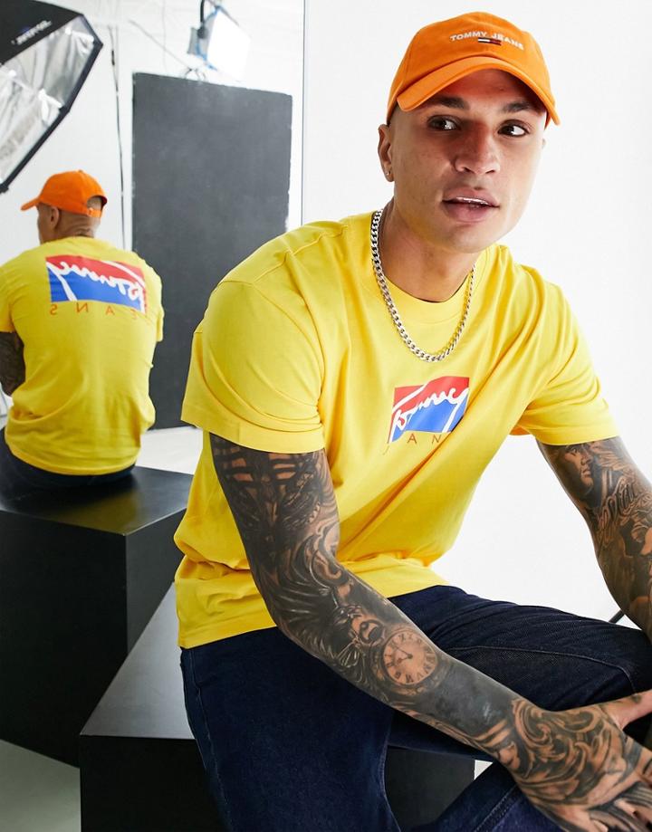 Tommy Jeans Color Block Script Logo Front And Back Print T-shirt In Pollen Yellow