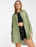 Stradivarius Oversized Linen Shirt In Khaki-green