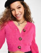 Violet Romance Fluffy Knit Cardigan In Bright Pink
