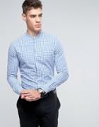 Asos Skinny Gingham Check Shirt With Grandad Collar In Blue - Blue