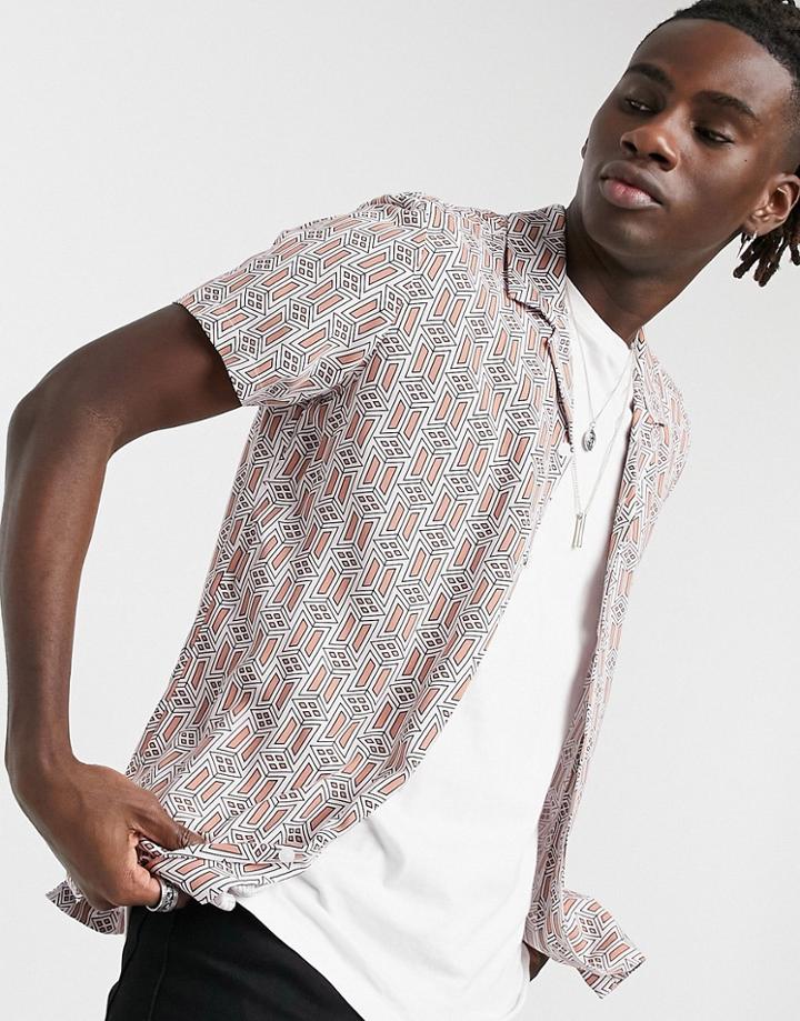 Asos Design Short Sleeve Regular Revere Viscose Geo Print Shirt-brown