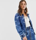 See You Never Acid Wash Zip Through Denim Bomber Jacket - Blue