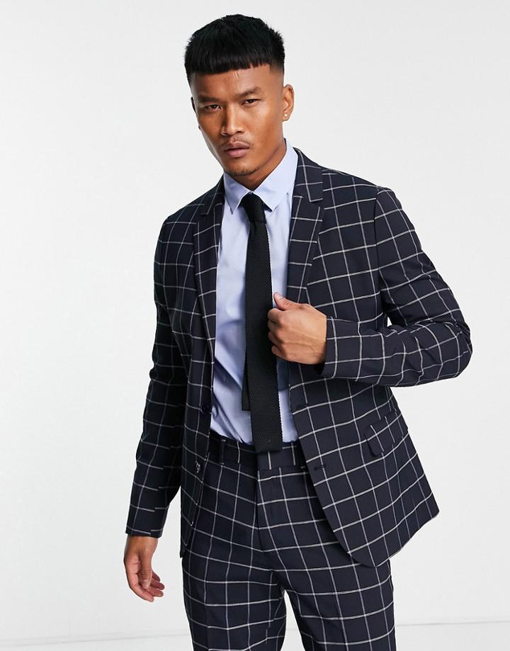 Asos Design Skinny Suit Jacket In Navy Windowpane Check