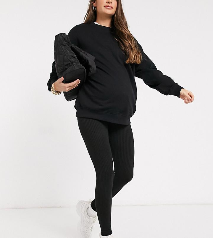 Asos Design Maternity Overbump Ribbed Leggings In Black-grey