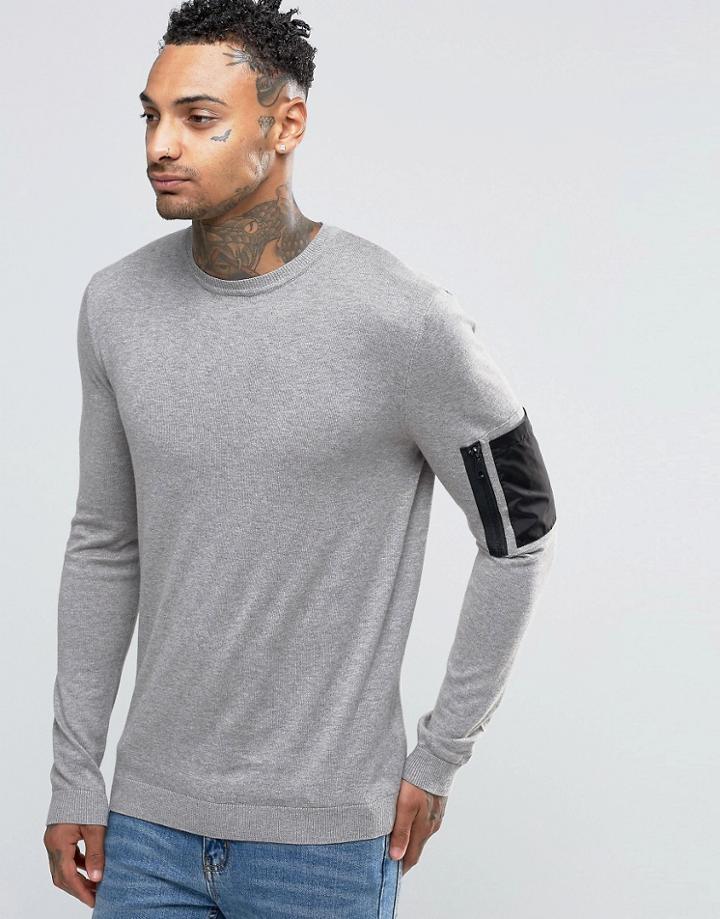 Asos Crew Neck Sweater With Military Pocket Styling - Gray