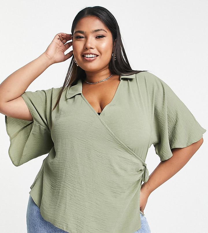 Asos Design Curve Collared Wrap Blouse In Khaki-green