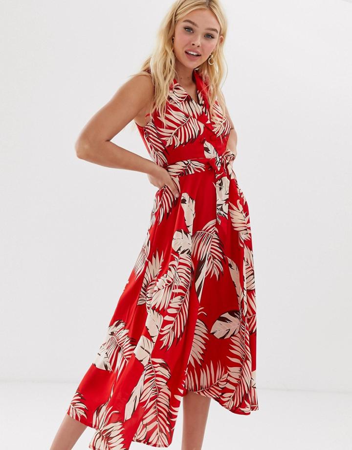 Qed London Collared Wrap Front Midi Dress In Red Floral