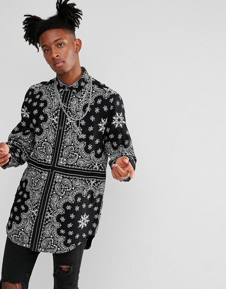 Asos Regular Fit Longline Viscose Shirt With Bandana Print And Grandad Collar - Black