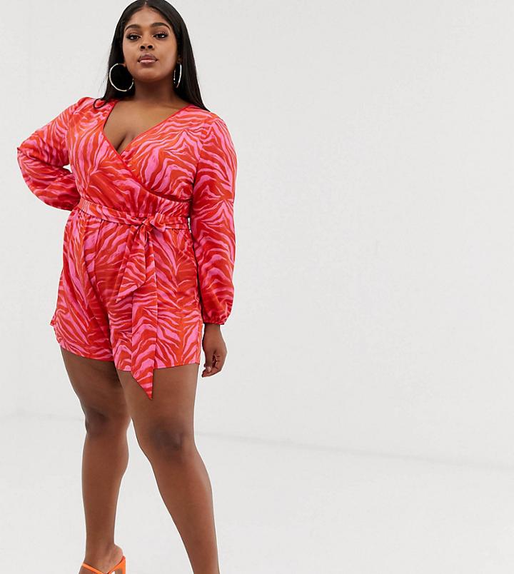 Asos Design Curve Wrap Front Long Sleeve Romper In Bright Zebra Animal Print - Multi