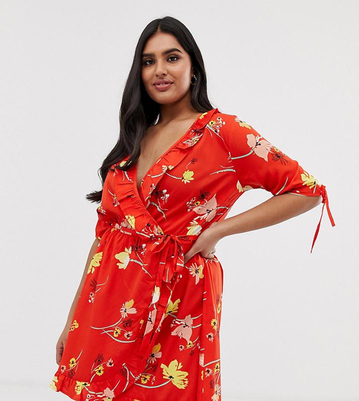Influence Plus Floral Wrap Dress With Tie Sleeve And Ruffle In Red