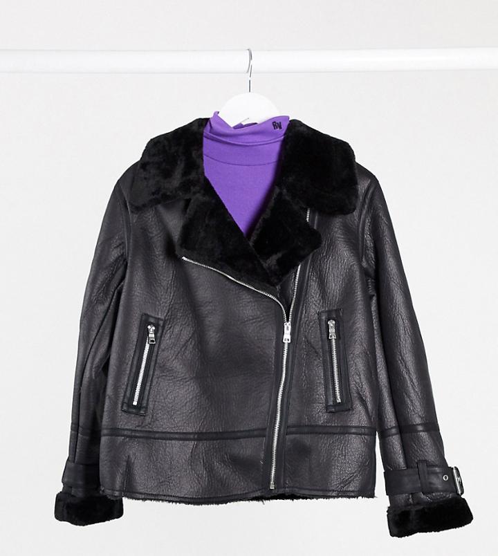 New Look Petite Fur Trim Aviator Jacket In Black