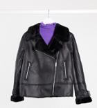 New Look Petite Fur Trim Aviator Jacket In Black