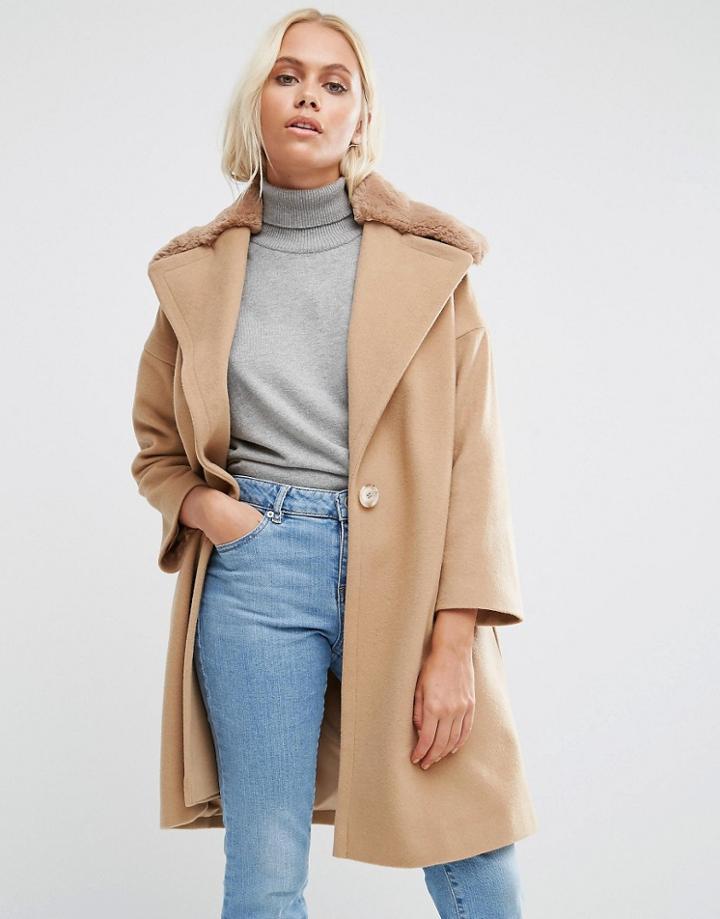 Helene Berman Fur Collar Coat Camel With Teddy Fur - Beige