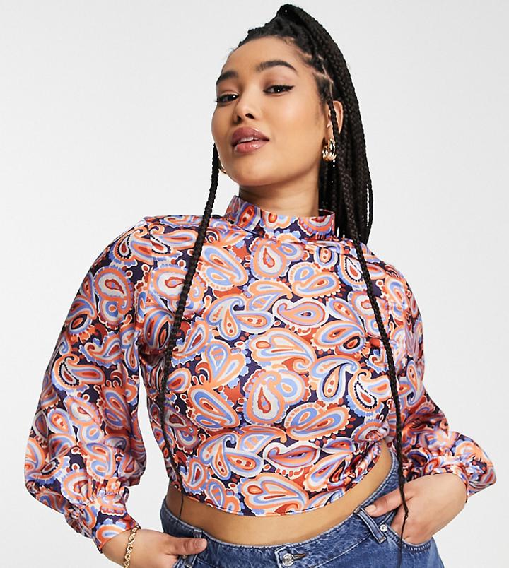 River Island Plus Tie Back Blouse In Orange Paisley