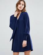Traffic People Smock Dress With Tie Front Detail - Navy