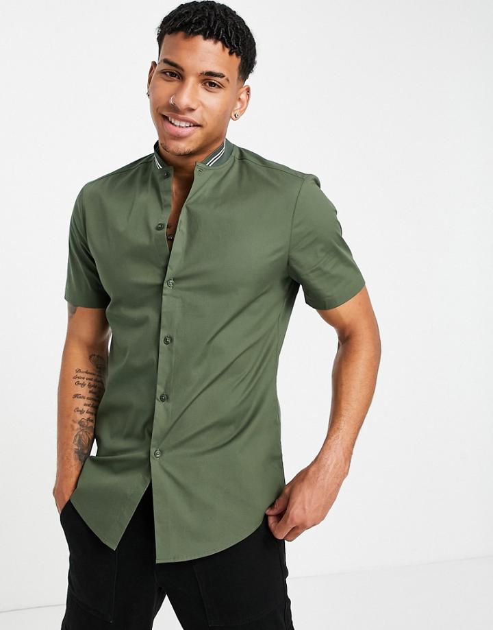 Asos Design Skinny Shirt With Ribbed Band Collar-green