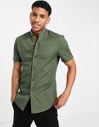 Asos Design Skinny Shirt With Ribbed Band Collar-green