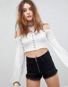 Kiss The Sky Off The Shoulder Crop Top With Eyelet Detail - White