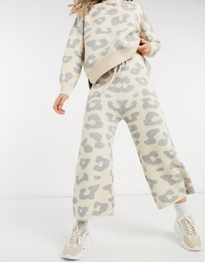 Never Fully Dressed Knitted Pants Set In Oversized Cream Animal Print-white