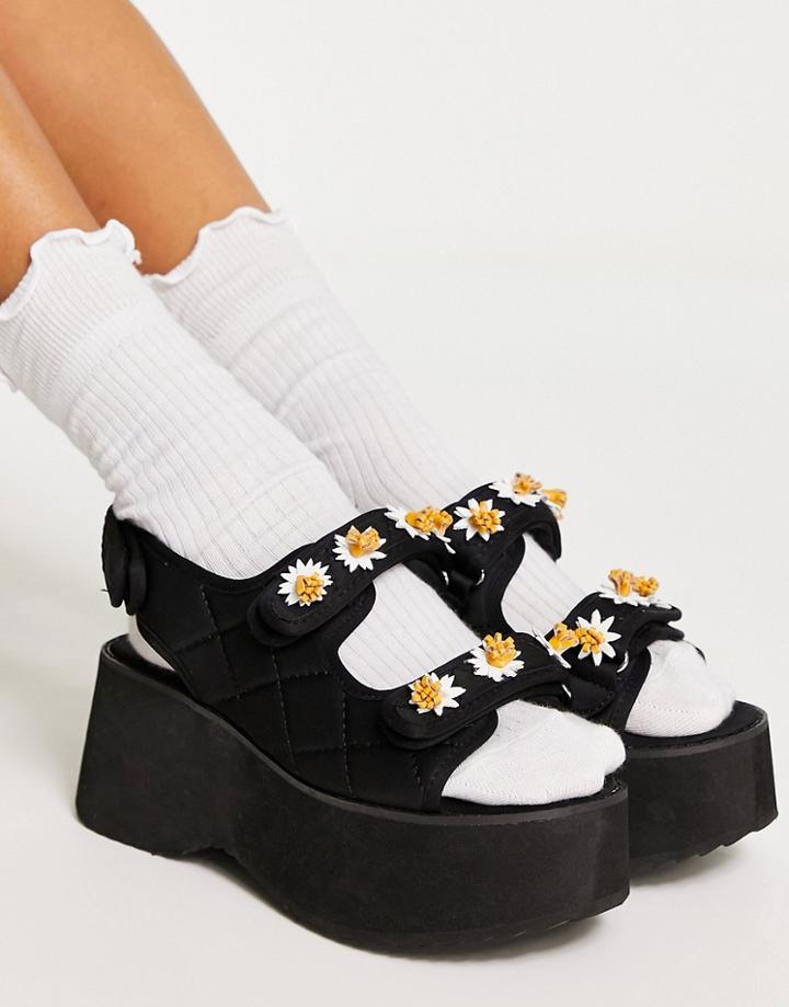 Asos Design Task Daisy Trim Sporty Flatform Sandals In Black