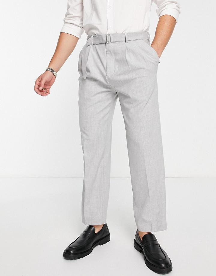 River Island Tapered Belted Smart Pants In Gray