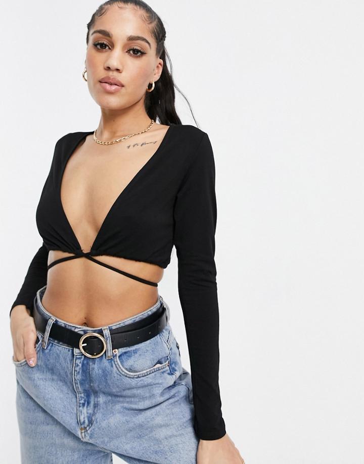 Asos Design Plunge Long Sleeve Multi Tie Wrap Top In Black