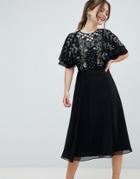 Asos Design Midi Dress With Flutter Sleeve And Pretty Floral Embellishment - Black
