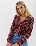 Miss Selfridge Linen Top With Buttons In Polka Dot - Red