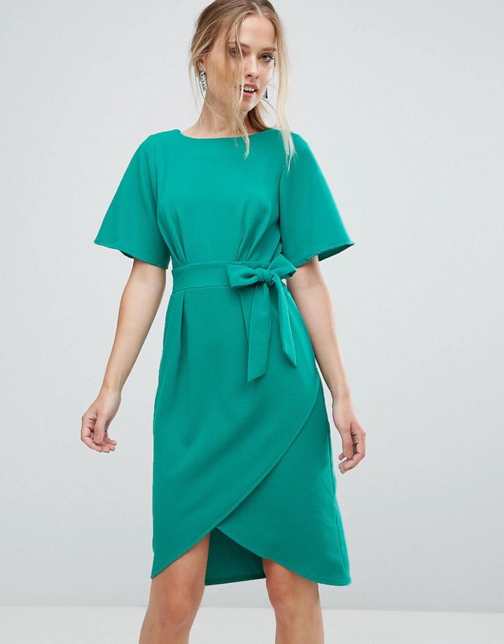 Closet London Tie Front Dress With Kimono Sleeve - Green