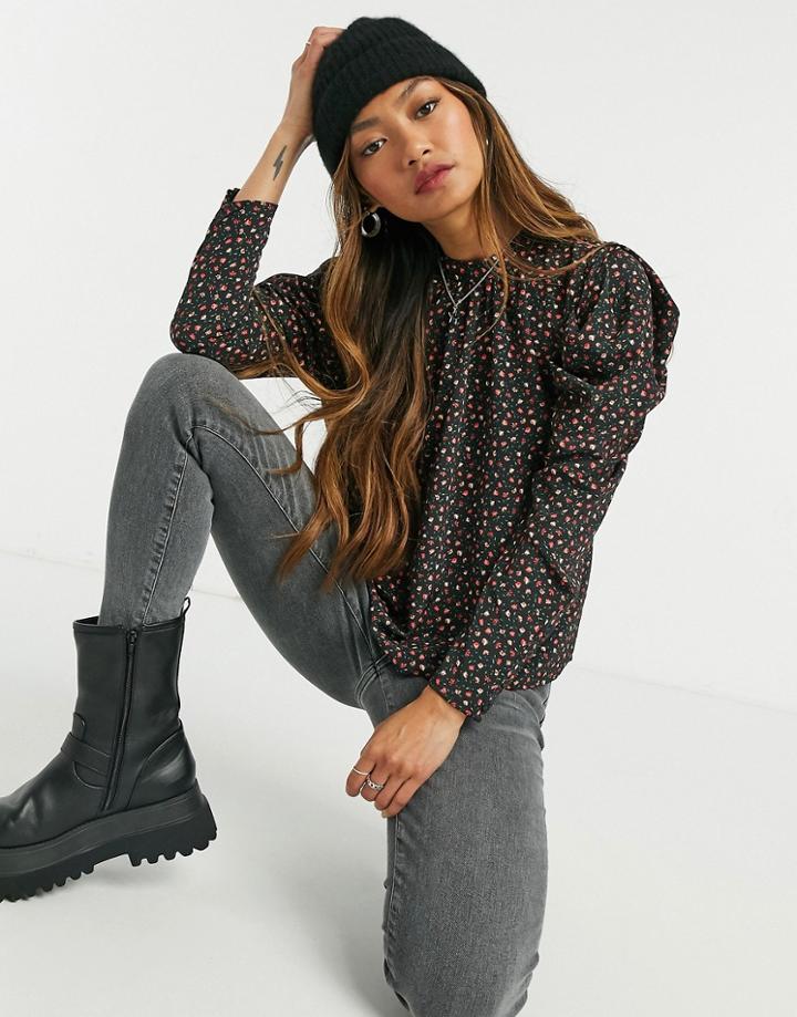 Topshop Micro Floral Mutton Sleeve Blouse In Multi