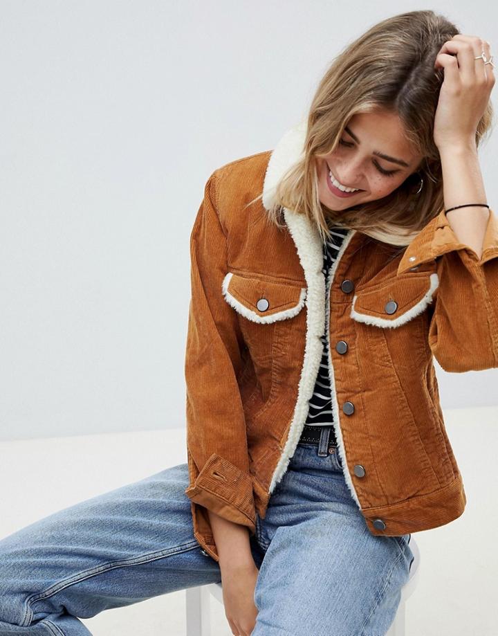 Asos Design Cord Jacket With Fleece Collar In Rust-stone