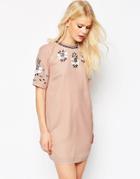 Asos Mini Shift Dress With Floral Embellishment - Nude