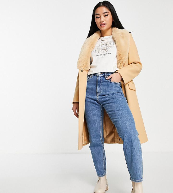 Miss Selfridge Petite Faux Fur Collar Belted Robe Coat In Camel-brown