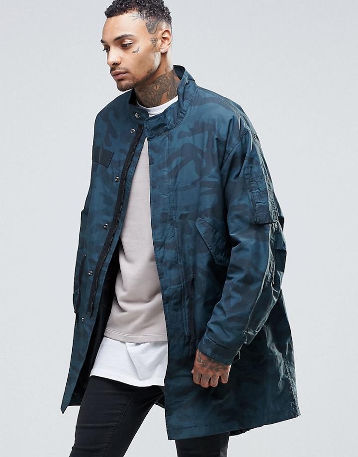 Asos Lightweight Parka Jacket In Camo Print - Khaki