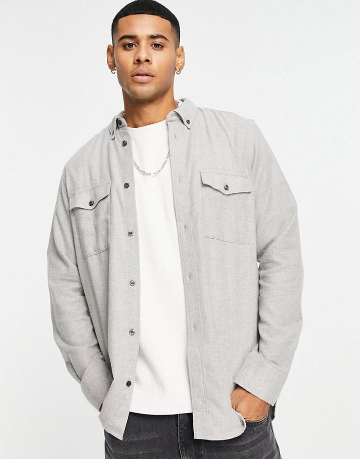 French Connection Long Sleeve Twin Pocket Flannel Shirt In Light Gray-grey