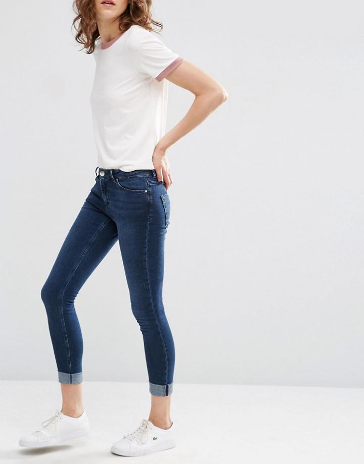 Asos Lisbon Skinny Mid Rise Jeans In Dark Wash With Turn Up - Dark Wash Blue
