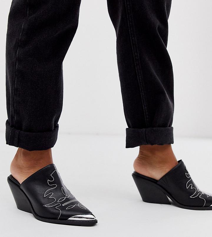 Asos Design Wide Fit Western Mid Heeled Mules In Black