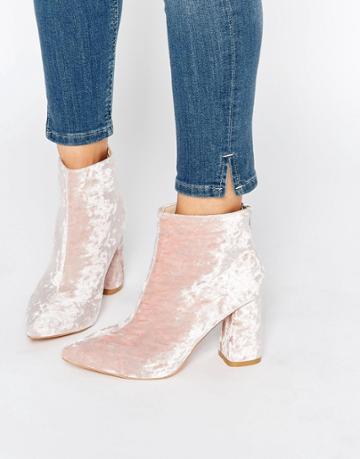 Daisy Street Pink Crushed Velvet Point Heeled Ankle Boots - Pink Crushed Velvet