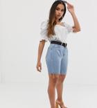 Missguided Petite Boyfriend Shorts With Raw Hem In Blue Wash - White