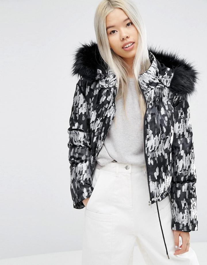 Asos White Cropped Padded Jacket With Fur Hood - Multi