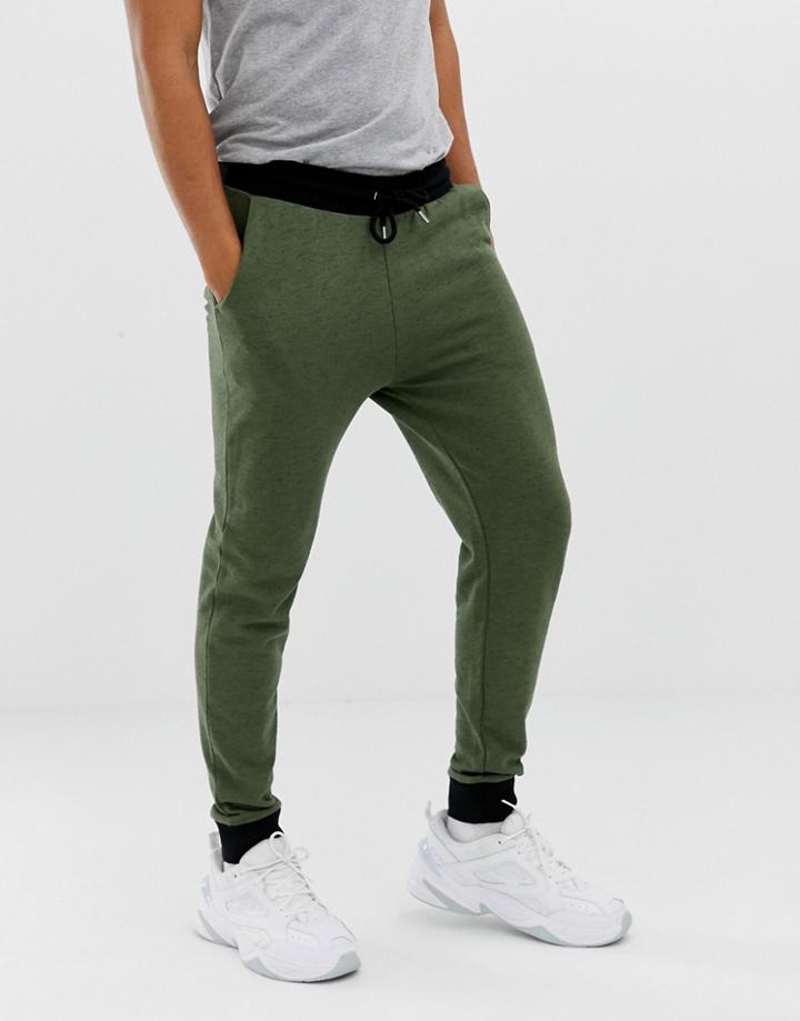 Asos Design Skinny Sweatpants In Khaki Interest Fabric With Contrast Waistband And Cuffs-green
