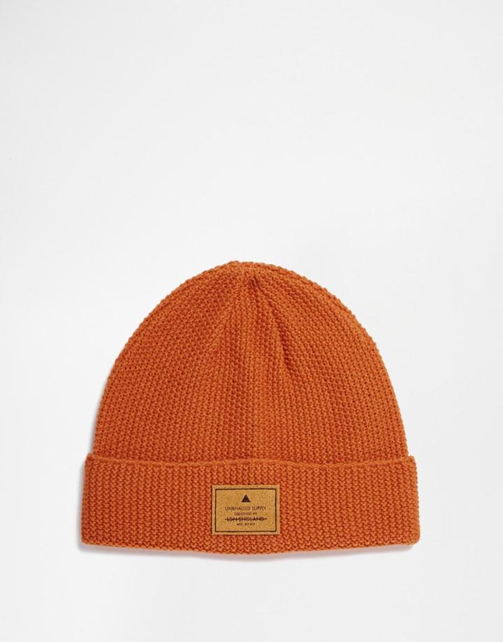 Asos Stitch Detail Beanie With Patch In Rust - Rust