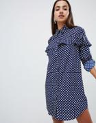 Ax Paris Polka Dot Shirt Dress With Frill Detail - Blue